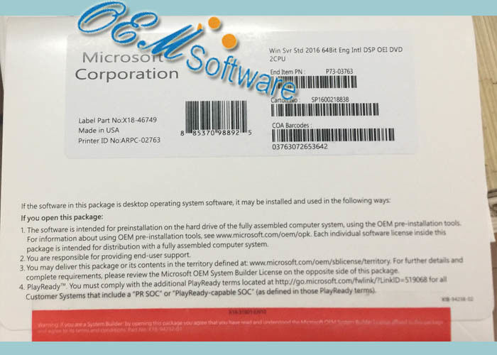 Загерметизированная лицензия стикера ключа Коа программного обеспечения ОЭМ Р2 сервера 2016 Виндовс упаковки стандартная